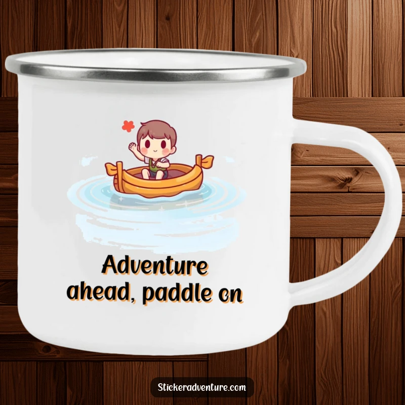 Funny camping mug with a character steering a raft on a lake, waving cheerfully. Durable humor for outdoor lovers.