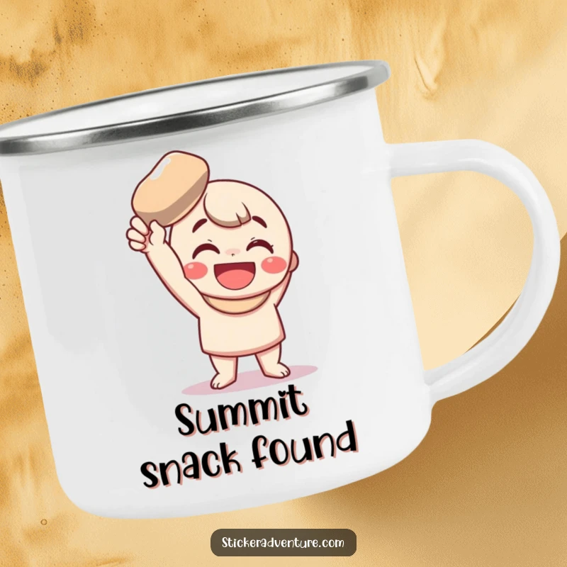 Funny Camping Mug: A character smiles holding a shiny pebble, ideal for funny outdoor adventures and brews.