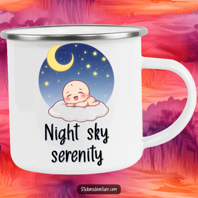 Funny being camping mug: a tiny, cute character laughs while sleeping under a starry night sky, for outdoor use.