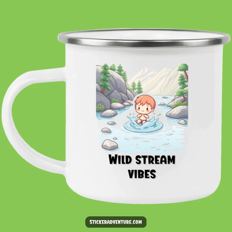 Funny Splashing Figure Camping Mug: Adventures by Clear Mountain Streams