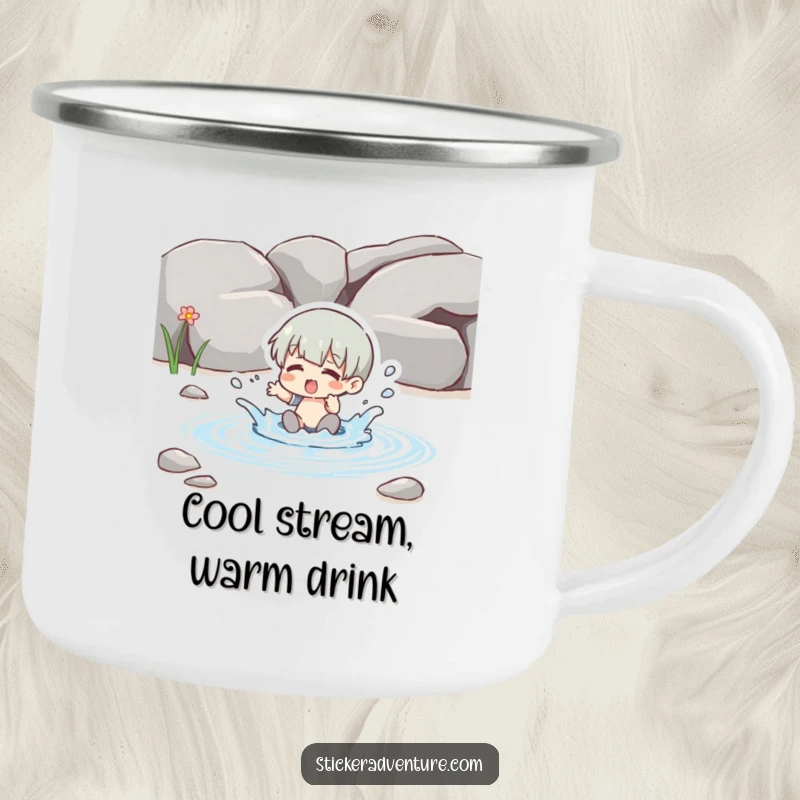 Funny splashing stream camping mug, a character playing in a clear stream, sturdy and humorous for outdoor use.