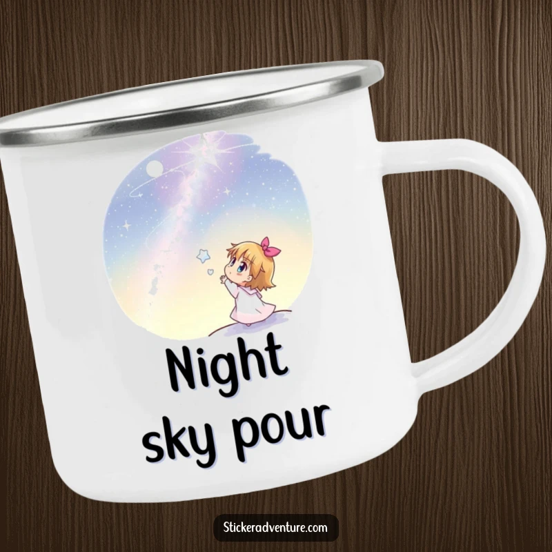 Funny camping mug showing a joyful character looking up in awe at a vast, sparkling starlit night sky.