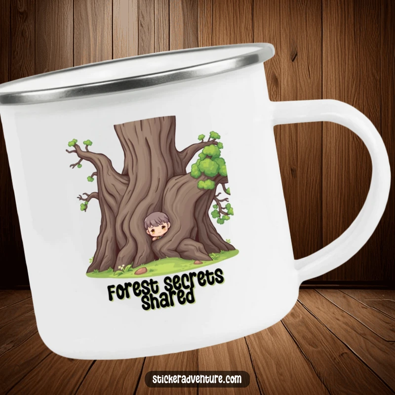 Funny camping mug with a character peeking from behind a large ancient tree, perfect for outdoor exploration.