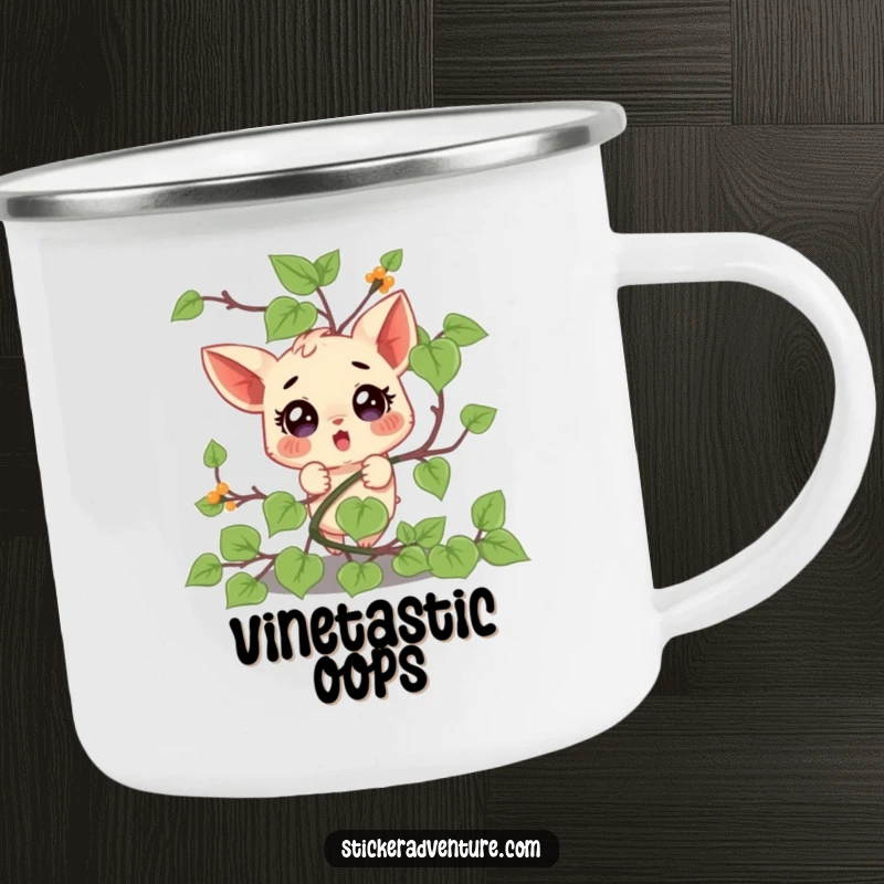 Funny camping mug print of a small character comically stuck in a vine, looking surprised, ready for outdoor adventures.