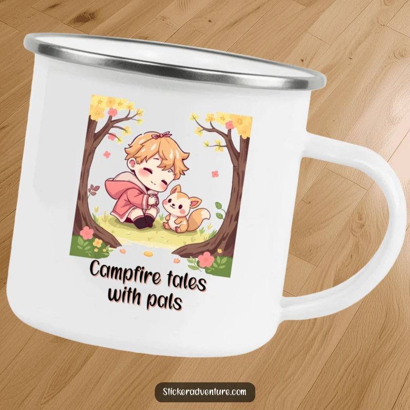 Funny camping mug showing a character playfully interacting with a curious woodland creature. Durable humor for the trail.