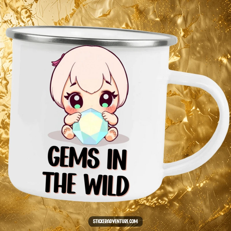 Funny camping mug showing a character with wide eyes discovering a sparkling gem, perfect for outdoor adventures.