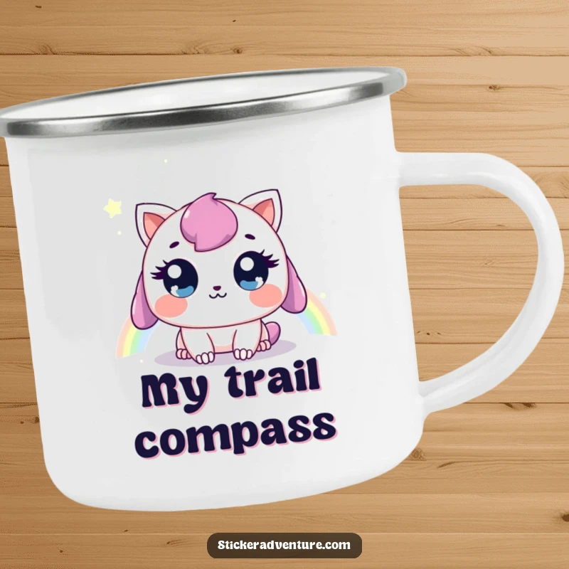 Funny camping mug with a sweet creature spotting a rainbow, ideal for outdoor adventures and funny, inspiring sips.
