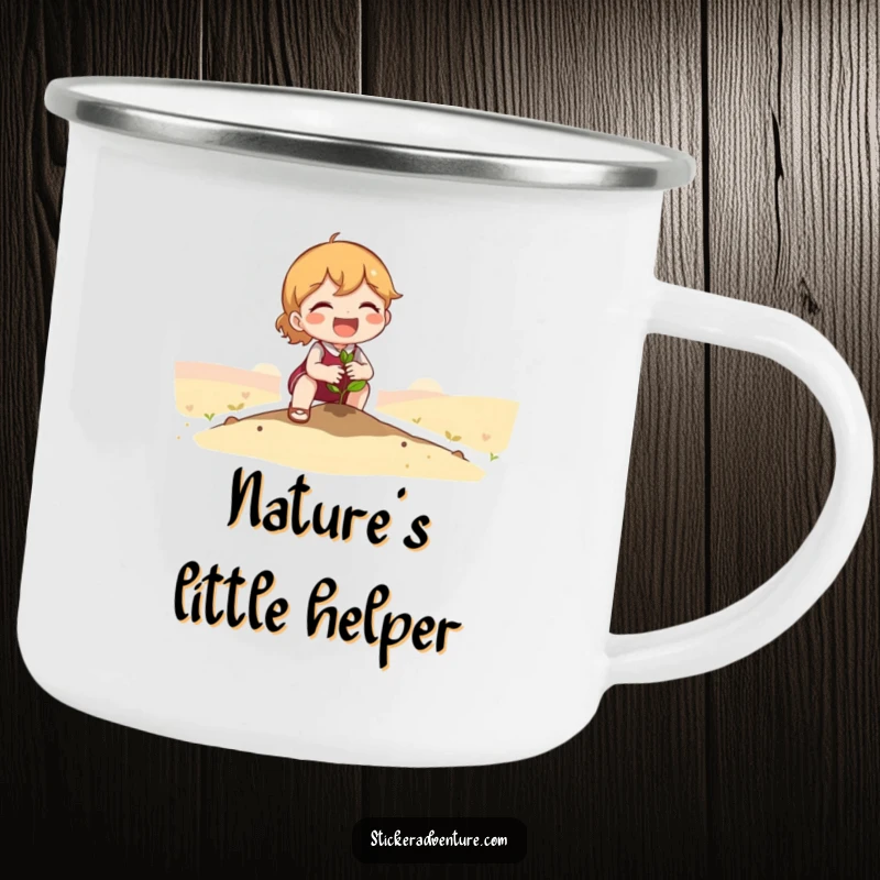 Funny Camping Mug: Cute character planting a tiny seedling in a vast landscape, perfect for outdoor enthusiasts.