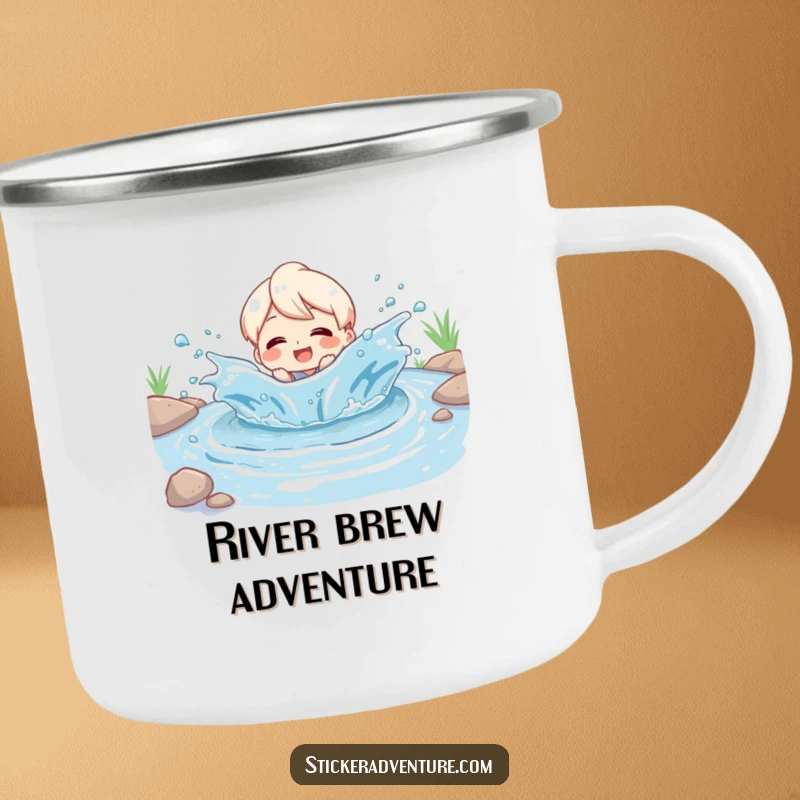 Funny Camping Mug: Character joyfully splashing in a river, beaming with delight, ideal for campfire stories and outdoor fun.