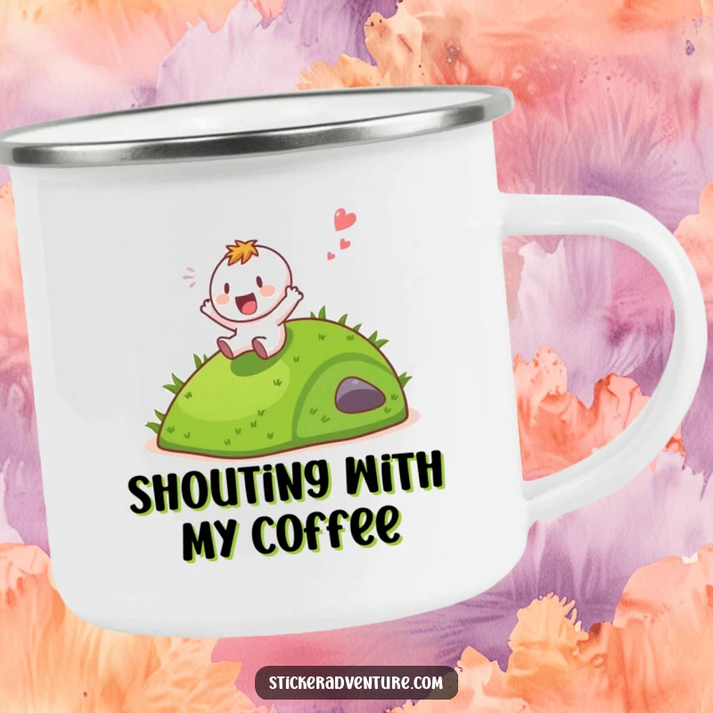 Funny character enjoying a gleeful hill slide down a grassy slope, depicted on a durable enamel camping mug.