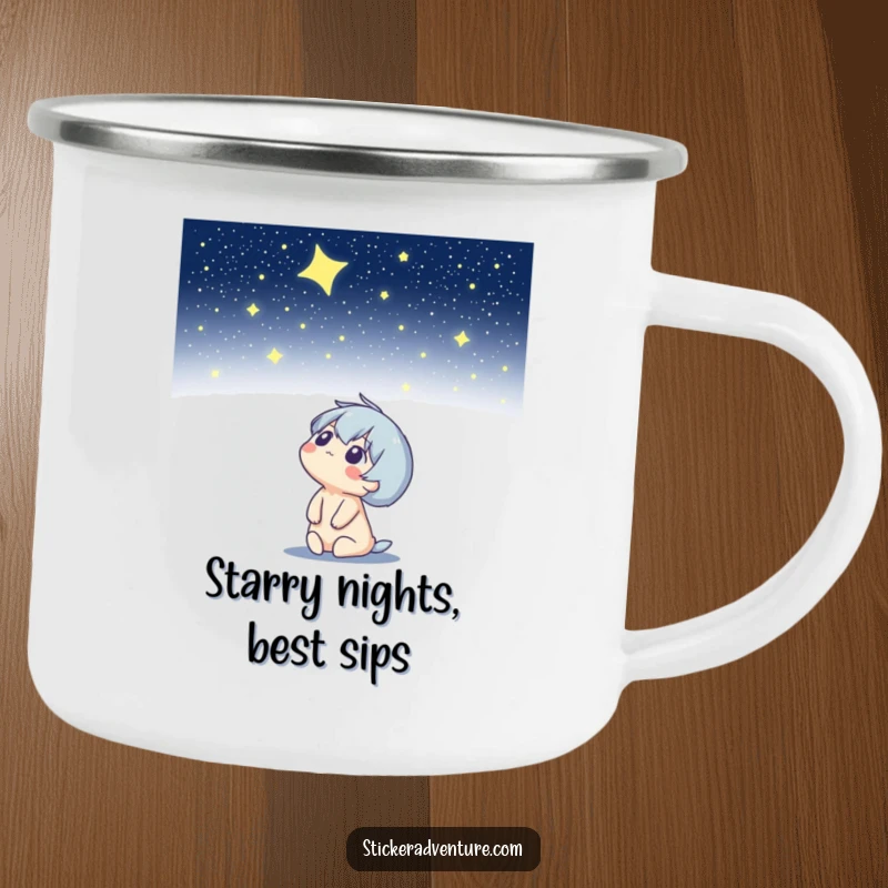 Funny camping mug with a character looking up at a starry night sky, perfect for enjoying drinks during nighttime adventures.