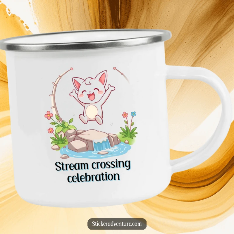 Funny camping mug with a happy character taking a triumphant leap over a stream, perfect for outdoor enthusiasts.