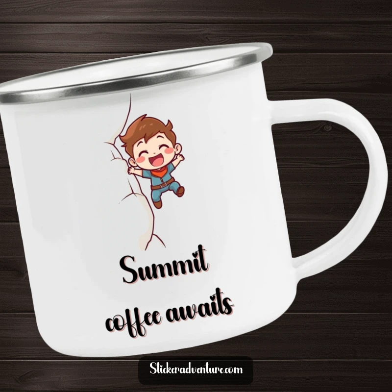 Funny Camping Mug: Determined character smiling while scaling a cliff face, perfect for outdoor enthusiasts.