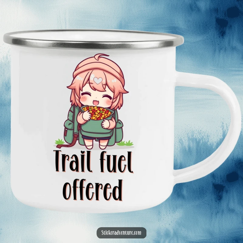 Funny camping mug with a character delightedly sharing trail mix from a backpack, offering a piece, for outdoor lovers.