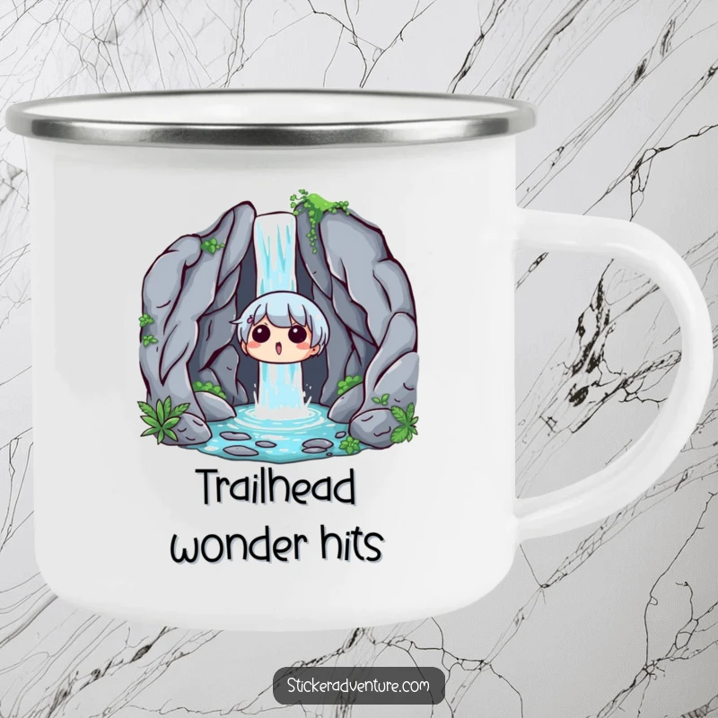 Funny Waterfall Surprise Camping Mug: A durable mug featuring a character looking surprised and delighted by a hidden waterfall.