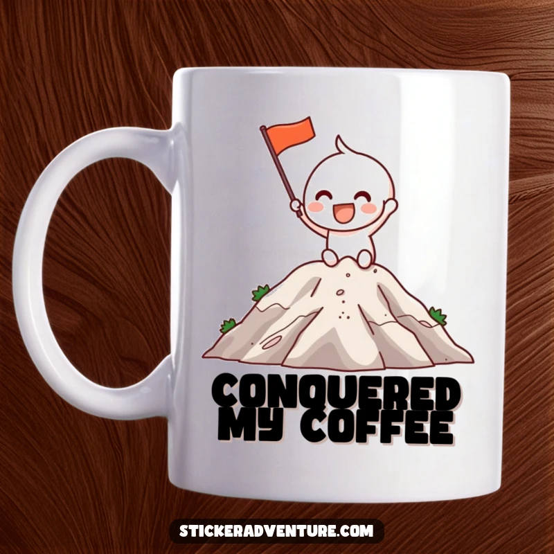 Funny Mug: An excited character grins while planting a small flag on a mountaintop, symbolizing achievement and joy.