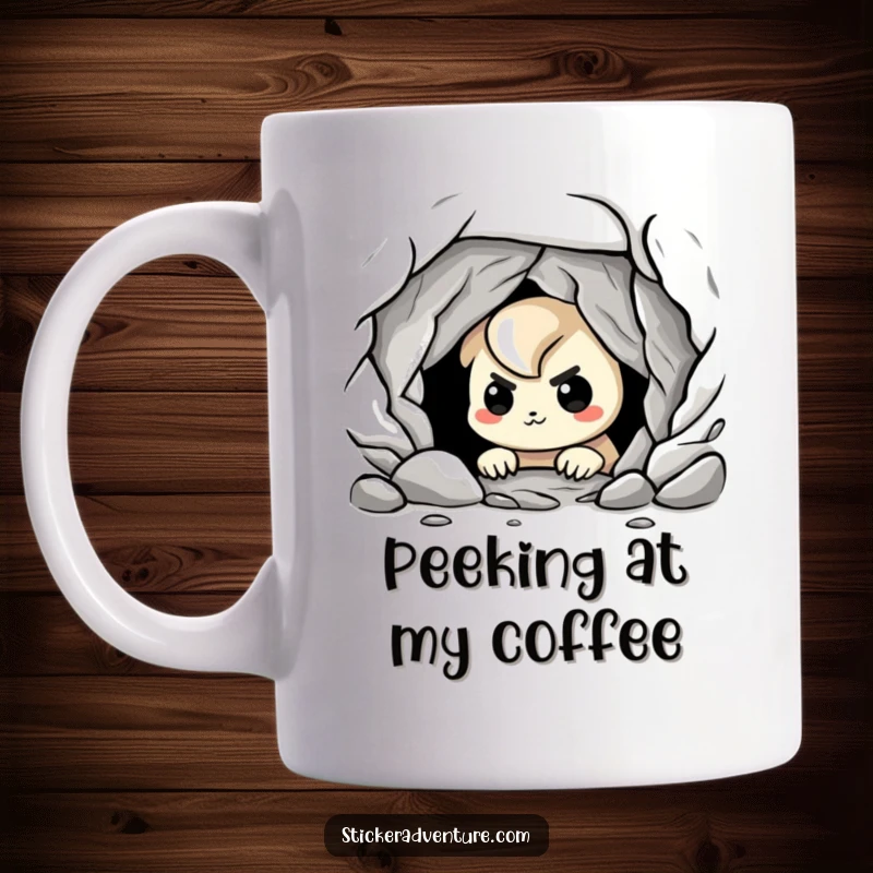 Funny cave explorer mug, a playful character peering into a dark cave with a nervous grin, hinting at adventure.