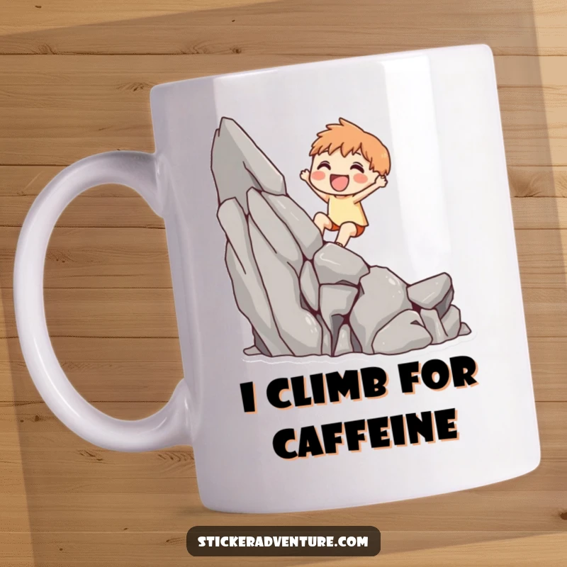 Funny mug featuring a cute character joyfully scaling a small, rocky cliff, celebrating small victories with a determined smile.