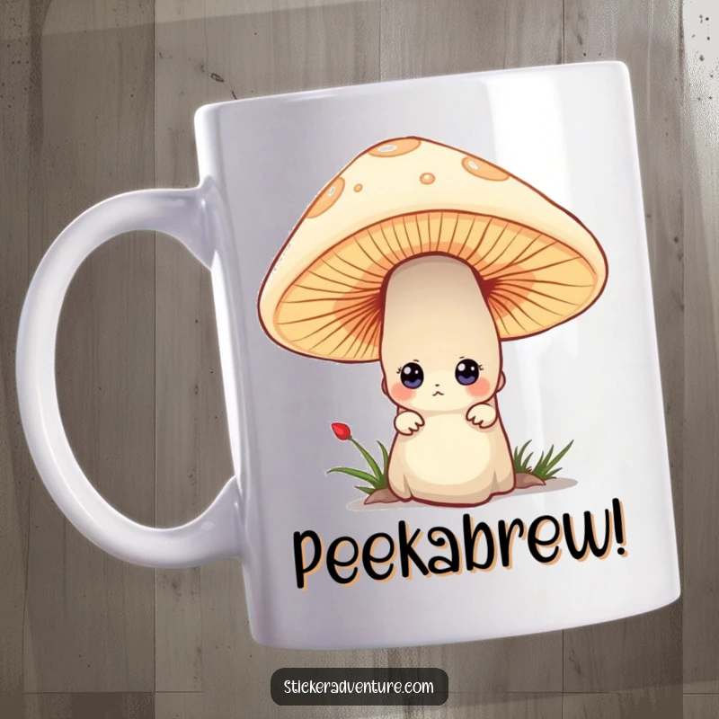 Funny mug featuring a tiny character peeking curiously from behind a large mushroom, inviting intrigue and playful discovery.