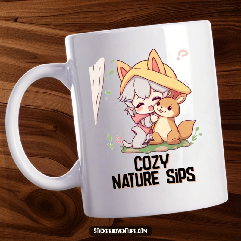 Funny forest friends mug showing a character playfully interacting with a friendly forest creature in a whimsical woodland scene.