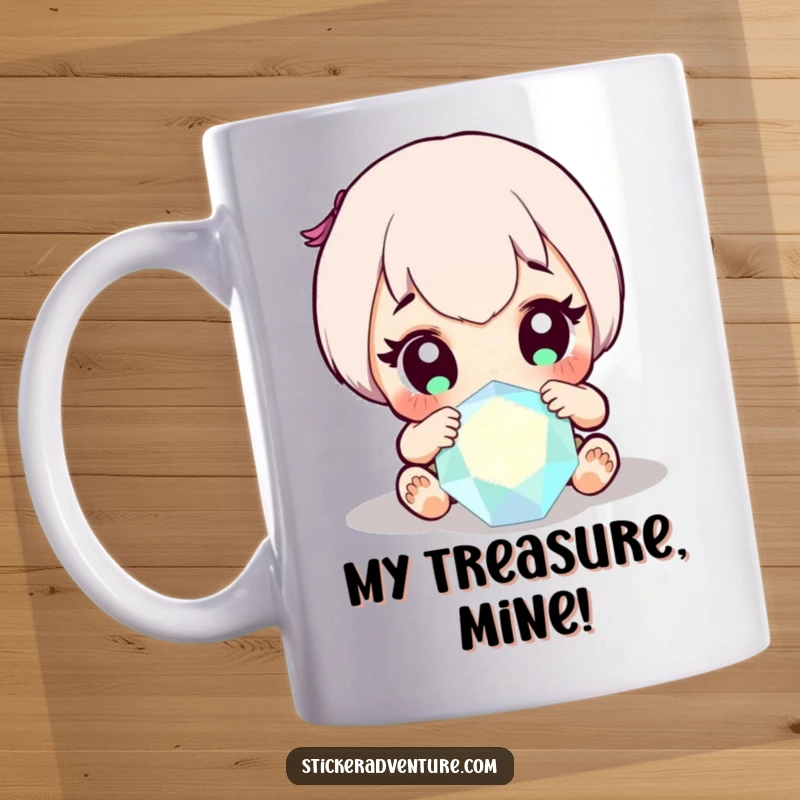 Funny mug with a sweet character wide-eyed in awe discovering a brilliant, sparkling gem, a moment of pure wonder and delight.
