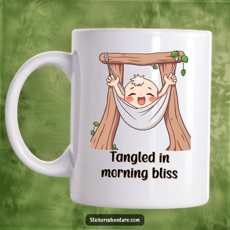 Funny Mug with a clumsy character happily tangled in a hammock, arms flailing, capturing a moment of joyous relaxation.