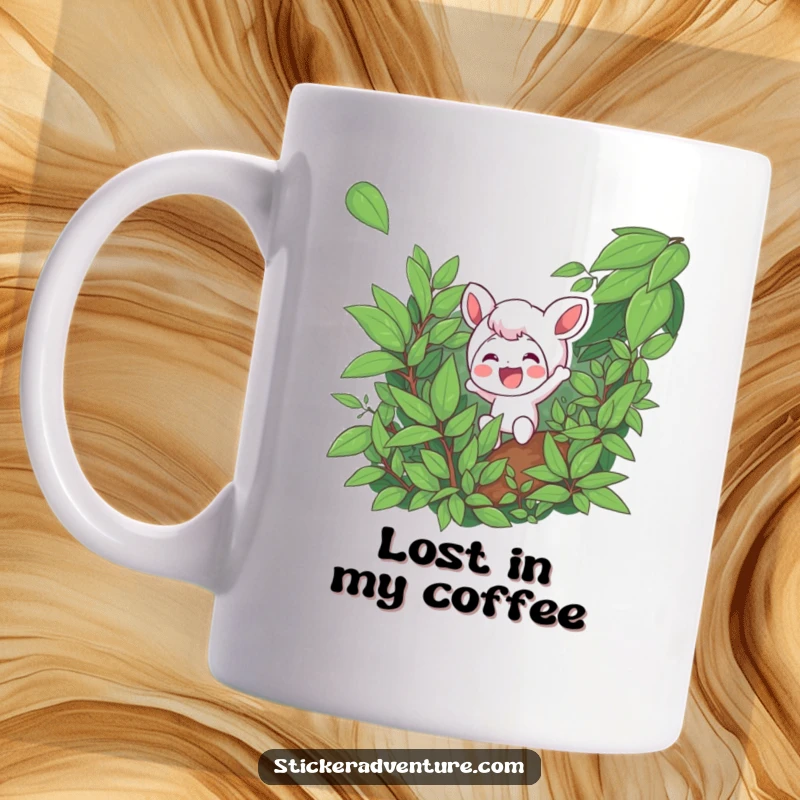 Funny mug showing a character excitedly navigating dense foliage with a smile, conveying curiosity and joy in exploration.