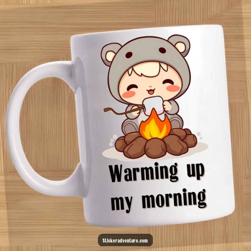 Funny mug with a cute character happily roasting a marshmallow over a small, cheerful campfire, radiating warmth and humor.