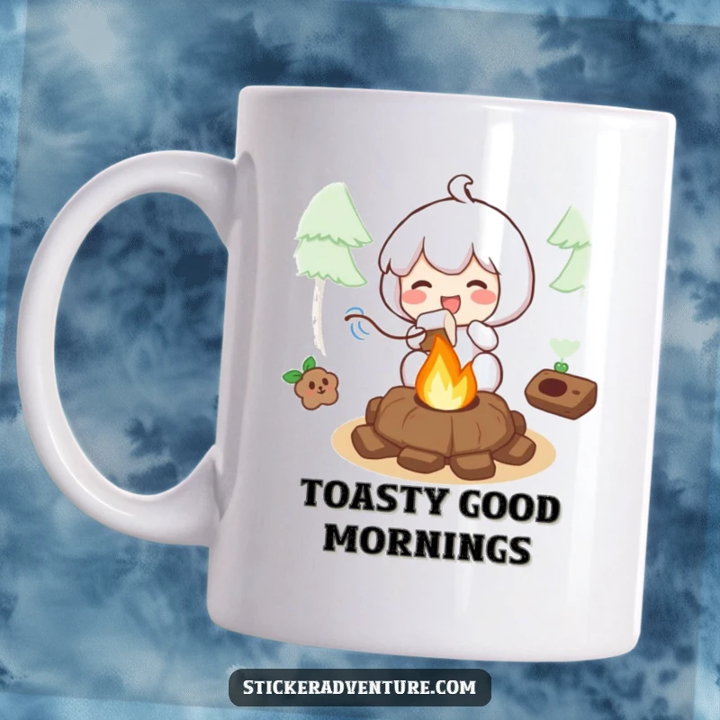Funny mug with a character joyfully roasting a marshmallow over a small, glowing campfire, evoking warmth and happiness.