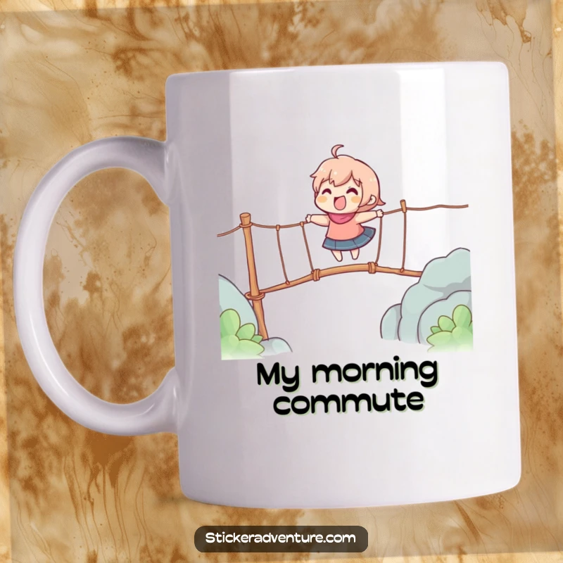 Funny mug showing a character gleefully crossing a wobbly rope bridge, conveying excitement and a touch of daring.