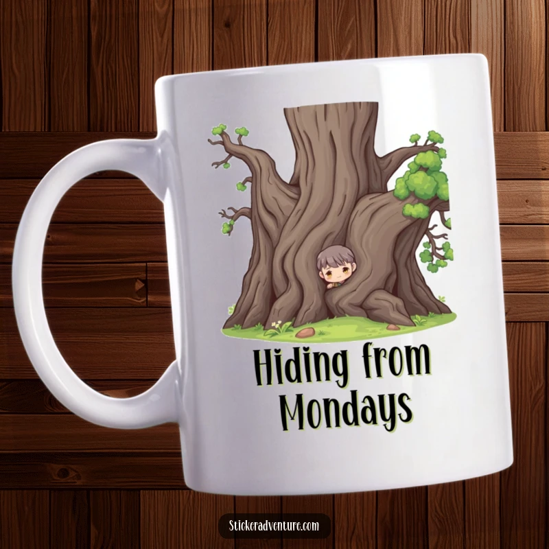 Funny mug showing a character peeking from behind a large ancient tree, conveying curiosity and a playful, hidden nature.