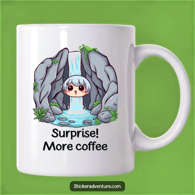 Funny Waterfall Surprise Mug: Delighted Explorer Gift for Nature Lovers