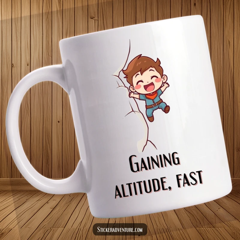 Funny Mug: Determined character enthusiastically scaling a steep cliff face with a proud, smiling expression, symbolizing ambition.