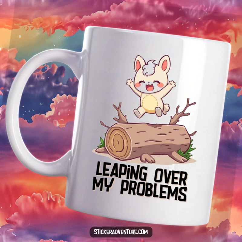 Funny Mug: A character playfully leaps over a fallen log with a bright, joyful expression, embodying lightheartedness.