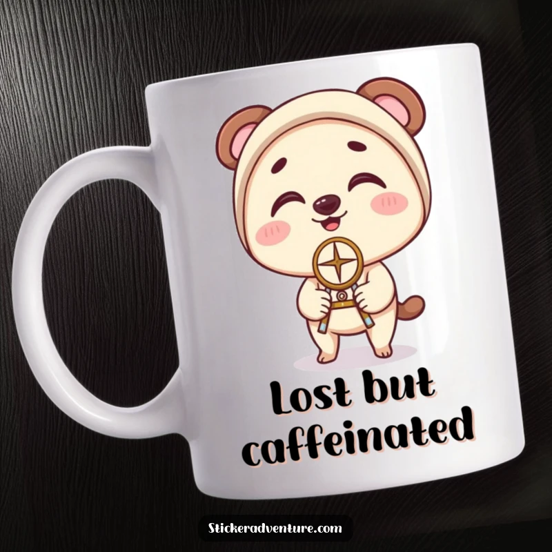 Funny Mug: A character wobbles with clumsy delight, balancing a compass perfectly on their nose, showcasing quirky navigation.