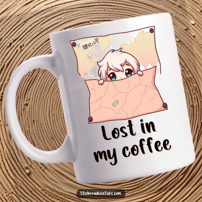 Funny Mug with a character hiding behind a giant map, peeking out with wide, curious eyes, evoking a sense of adventure.