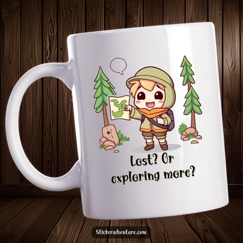 Funny Mug: A cheerful character holds a map, pointing excitedly towards an unknown wilderness trail, ready for adventure.