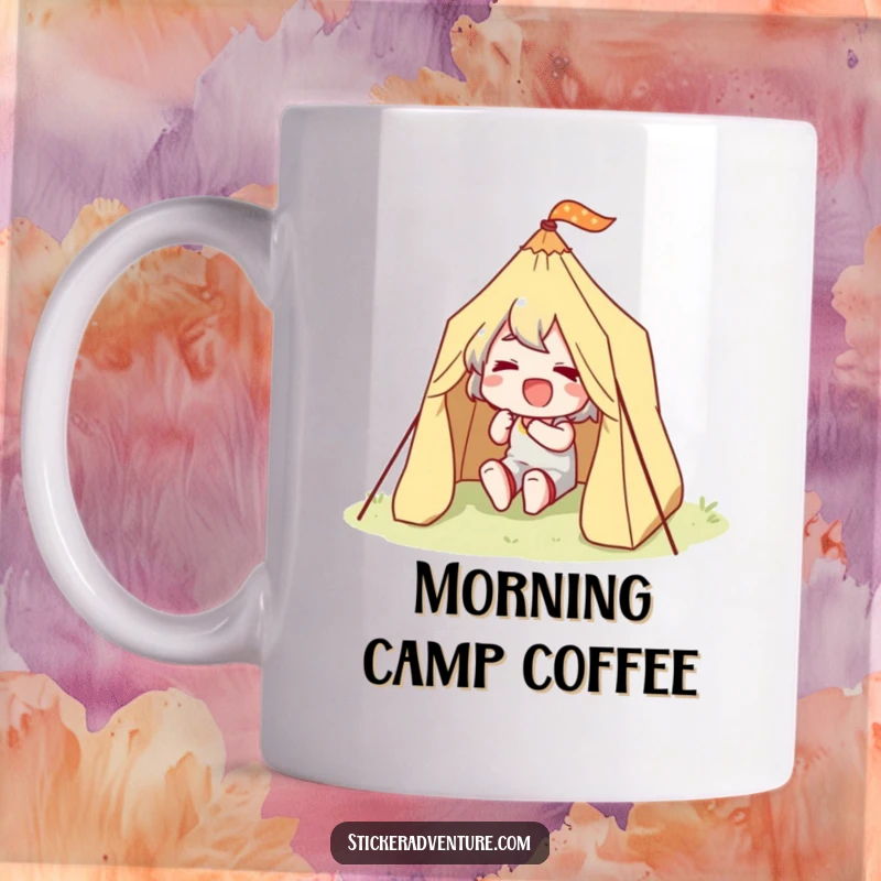 Funny Tent Setter Mug: A happy character joyfully setting up a tiny tent with determined effort, perfect for coffee lovers.