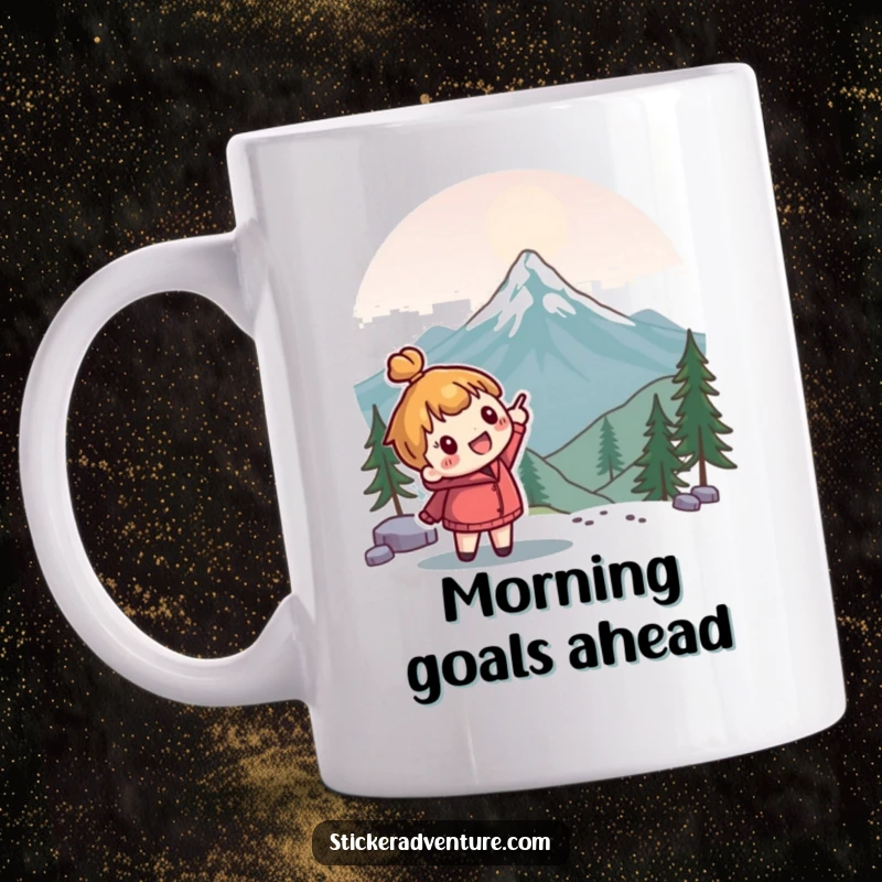 Funny adventure mug featuring a cute character enthusiastically pointing towards a distant, majestic mountain peak; motivational gift.