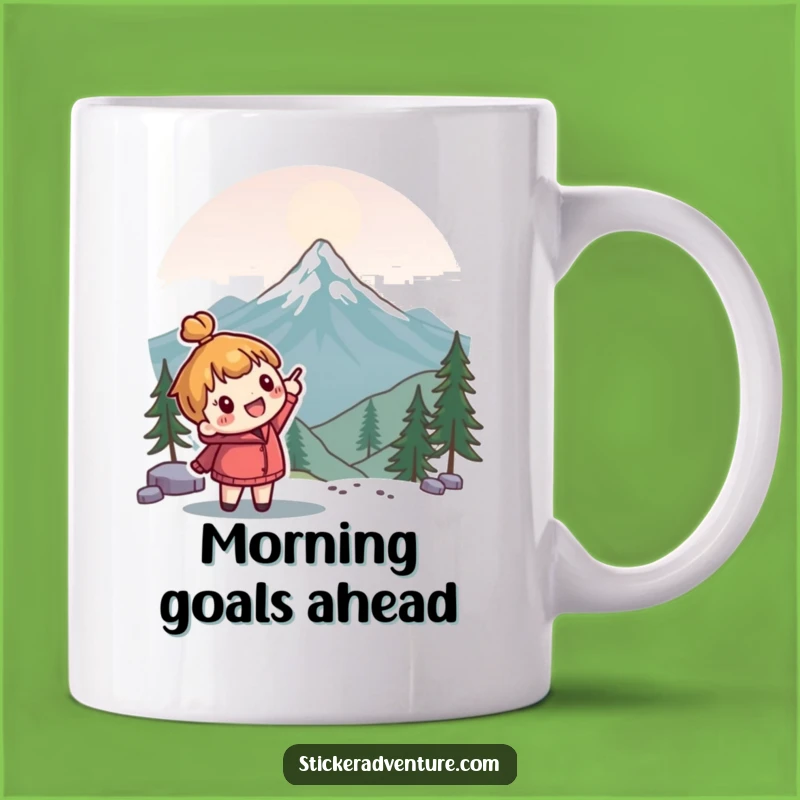 Funny Adventure Mug - Enthusiastic Character Pointing to Mountains Gift