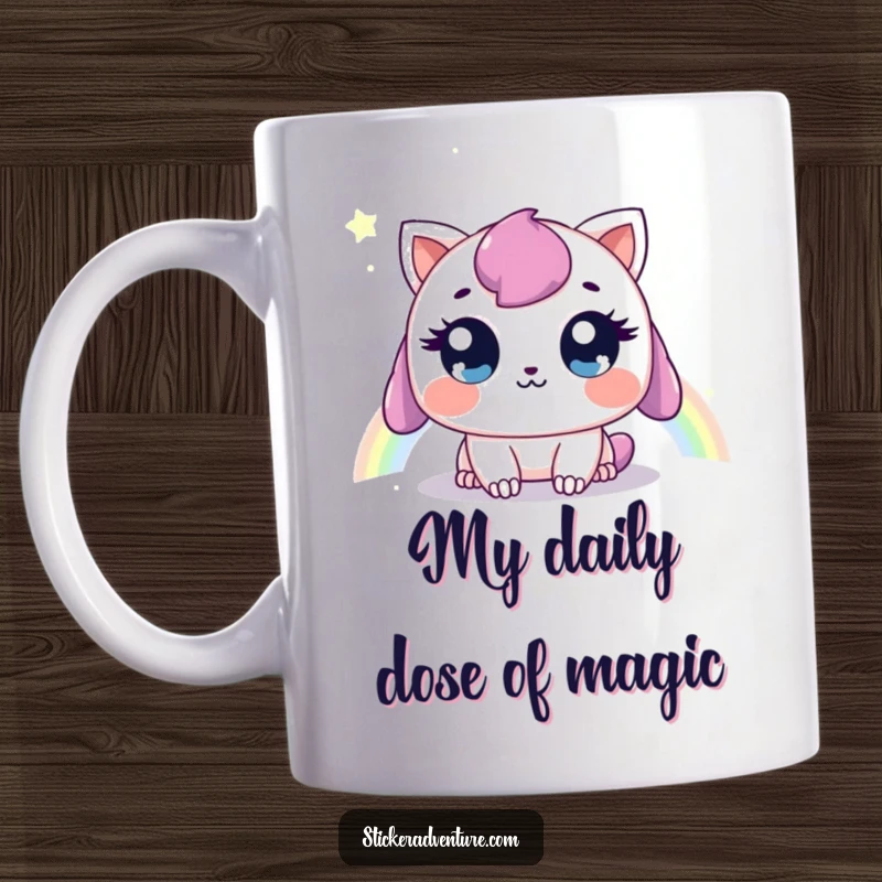 Funny mug showcasing a sweet creature with wide, hopeful eyes looking at a vibrant rainbow, perfect for a whimsical and funny gift.