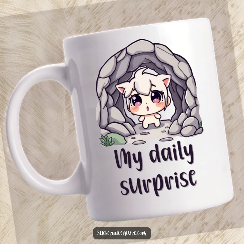 Funny Mug: Character looking surprised with wide eyes discovering a hidden cave entrance, embodying curiosity and humor.