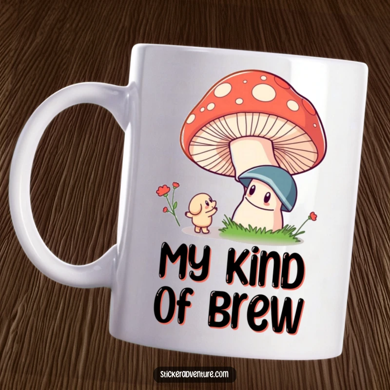 Funny mug featuring a whimsical character with wide eyes, marveling at an enormous, vibrantly colored mushroom in awe.