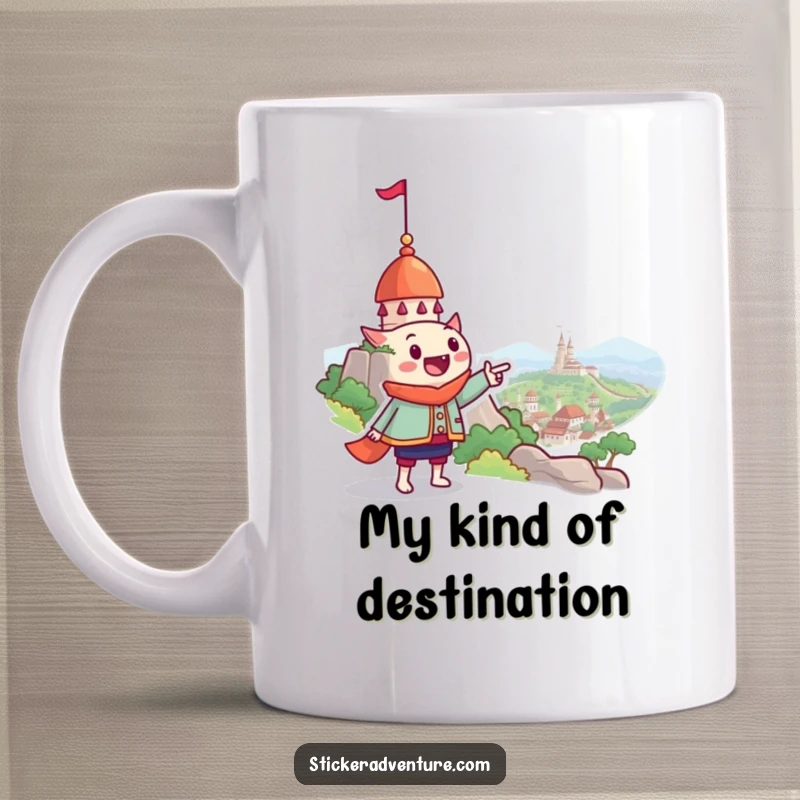 Funny mug with a grinning character pointing excitedly towards a magical, distant landmark, inspiring adventure and joy.