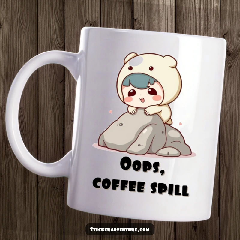 Funny kawaii character mug showing a cute character comically tripping while attempting to climb a rock, emphasizing adorable mishap.