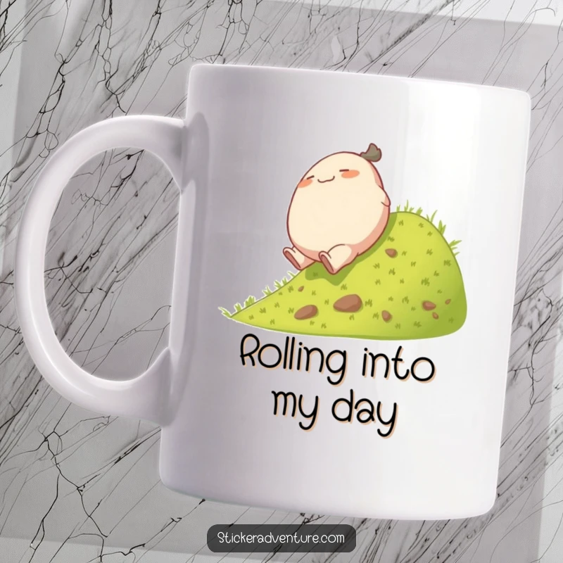 Funny rolling character mug, a plump character joyfully tumbling down a green grassy hill with a cheerful expression.