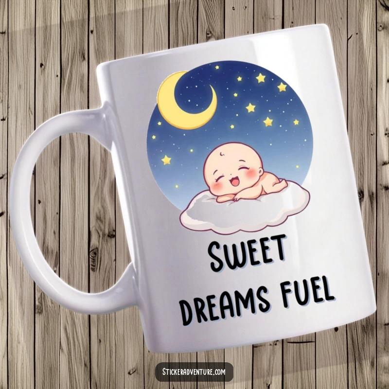 Funny being mug: a tiny, cute character laughs peacefully while sleeping soundly under a vast, starry night sky.