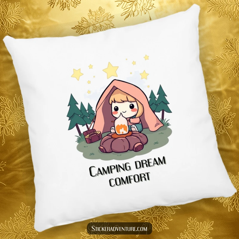 Funny Pillow: Character happily roasting a marshmallow under a starry sky, bringing cozy, humorous camping vibes to any space.
