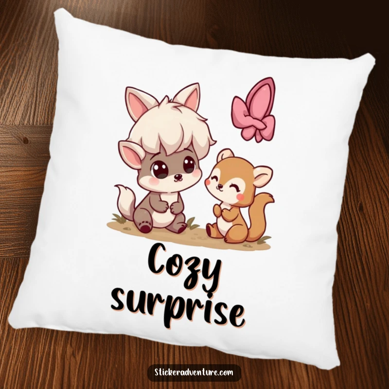 Funny pillow featuring a playful character looking surprised while meeting a small, shy woodland creature, bringing charm.