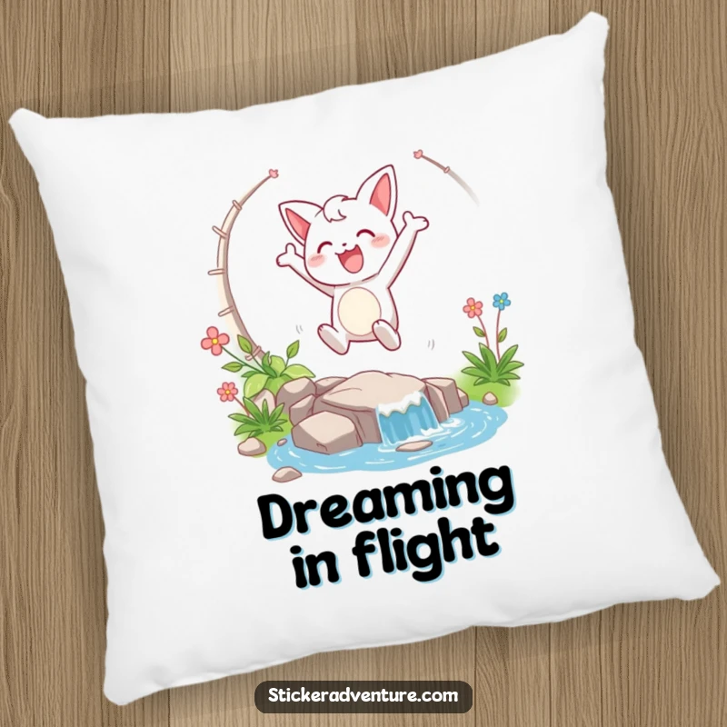Funny pillow with a happy character taking a triumphant leap over a stream, offering comfort and a sense of joy.